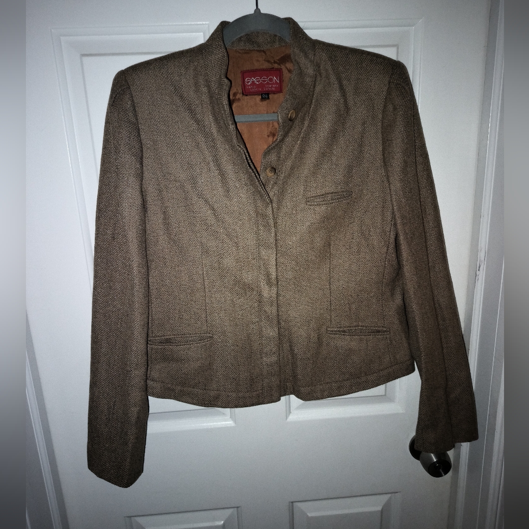 Vintage Sasson Womens Blazer Light Brown Mandarin Collar Jacket Sz 12/13